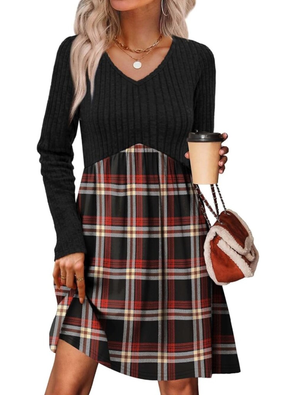 Cozy Long Sleeve Sweater Dress for Women | V Neck Empire Waist with Pockets